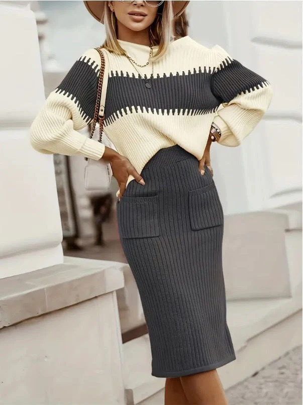 Women's Knitted Set – Pullover Sweater with Zigzag Pattern – Fitted Pencil Skirt – Comfort Fit - Image 4