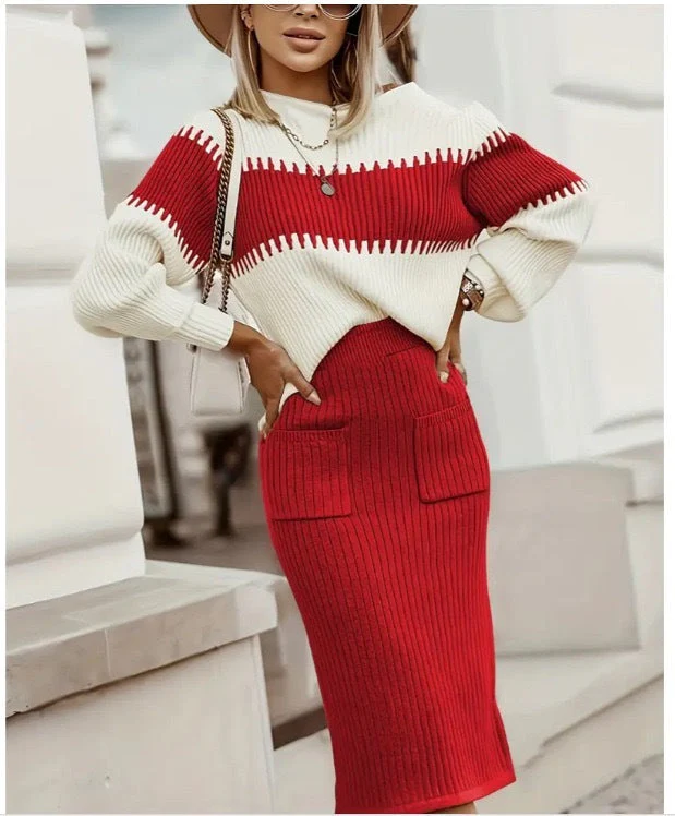 Women's Knitted Set – Pullover Sweater with Zigzag Pattern – Fitted Pencil Skirt – Comfort Fit - Image 9