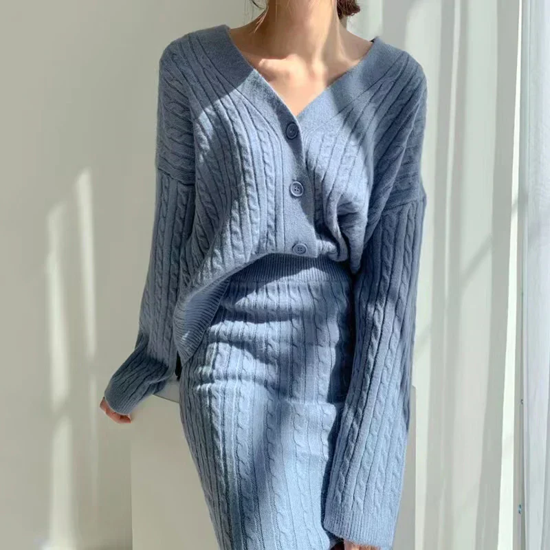 Ladies Set Knitted Cardigan and Skirt – Cable Pattern – V-Neck – Midi Skirt – Comfort Fit - Image 2