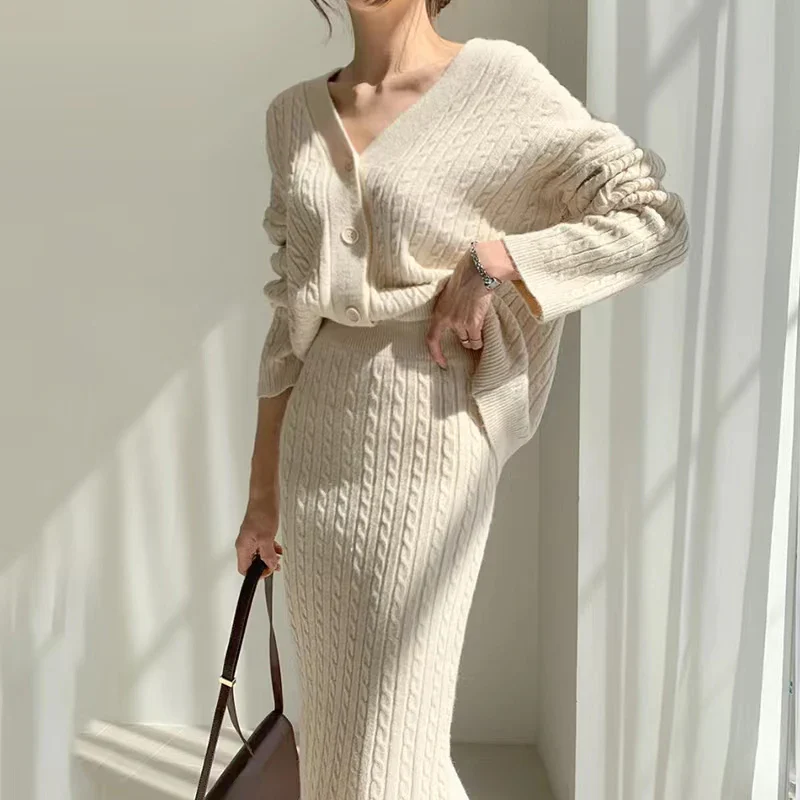 Ladies Set Knitted Cardigan and Skirt – Cable Pattern – V-Neck – Midi Skirt – Comfort Fit - Image 5