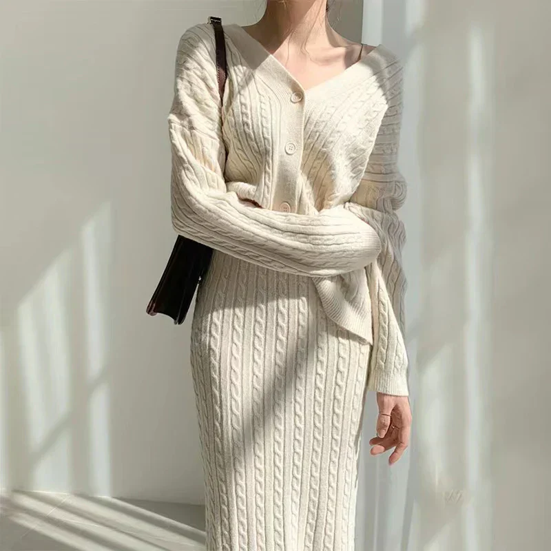 Ladies Set Knitted Cardigan and Skirt – Cable Pattern – V-Neck – Midi Skirt – Comfort Fit - Image 6