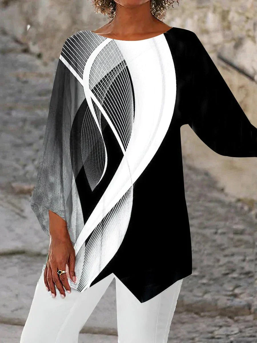 Women's Tunic Top – Asymmetrical Hem – 3/4 Sleeve – Loose-fitting – Geometric Design - Image 2