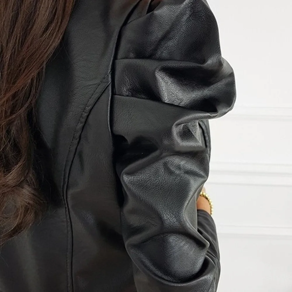 Ladies Leather Jacket – Lightweight – Round Neck – Puffed Shoulder – Minimalist Design - Image 5