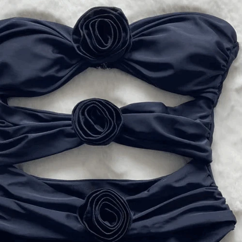 Women's Swimsuit - Bandeau Style with Cut-out - High Waist - Floral Applique - Image 7