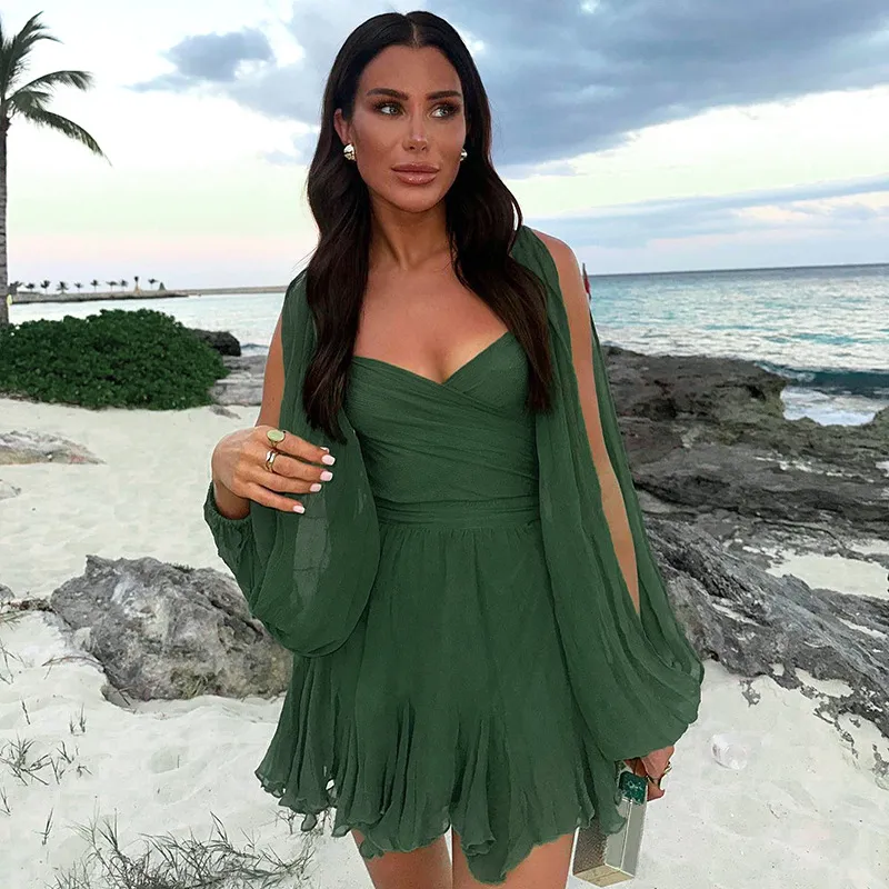 Ladies Dress - Deep V-Neck - Long Sleeves - A-Line With Ruffles - Elastic Waist - Image 10