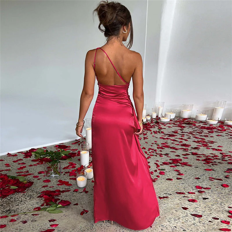 Ladies Evening Dress - Asymmetrical One-Shoulder Design - Satin Look - High Slit - Image 4