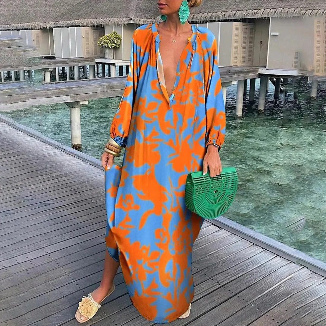 Women's Caftan Dress - Airy Fabric - Loose Fit - Long Sleeve - Deep V-Neck - Image 2