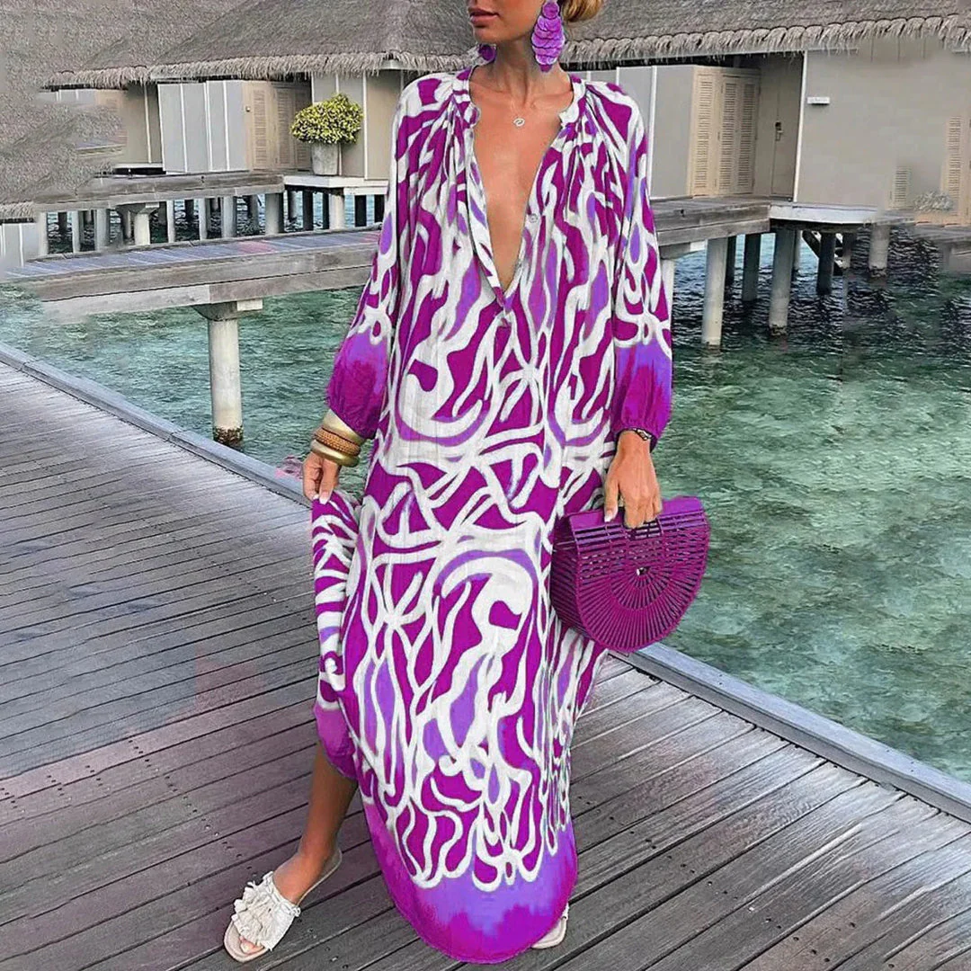 Women's Caftan Dress - Airy Fabric - Loose Fit - Long Sleeve - Deep V-Neck - Image 3