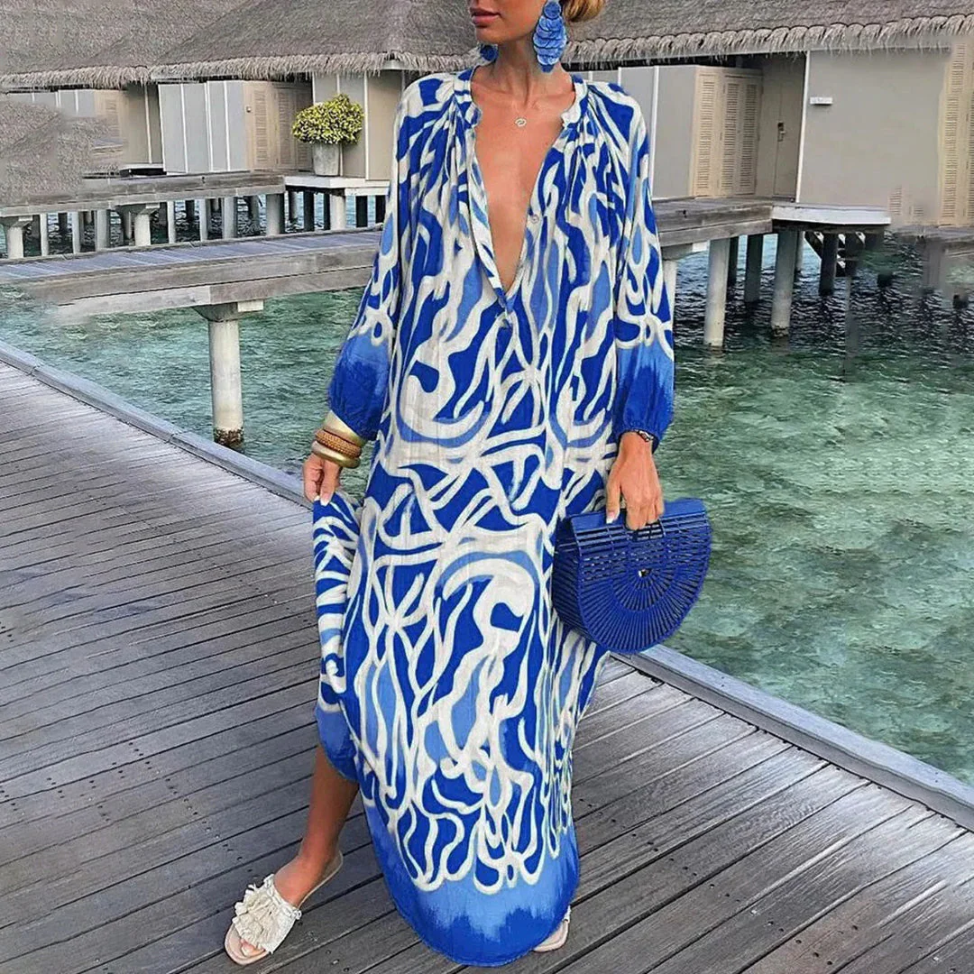 Women's Caftan Dress - Airy Fabric - Loose Fit - Long Sleeve - Deep V-Neck - Image 4