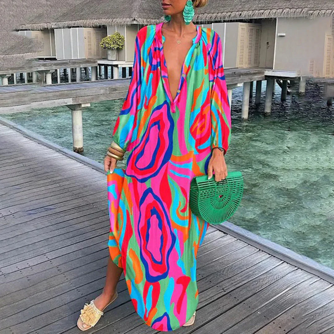 Women's Caftan Dress - Airy Fabric - Loose Fit - Long Sleeve - Deep V-Neck - Image 6