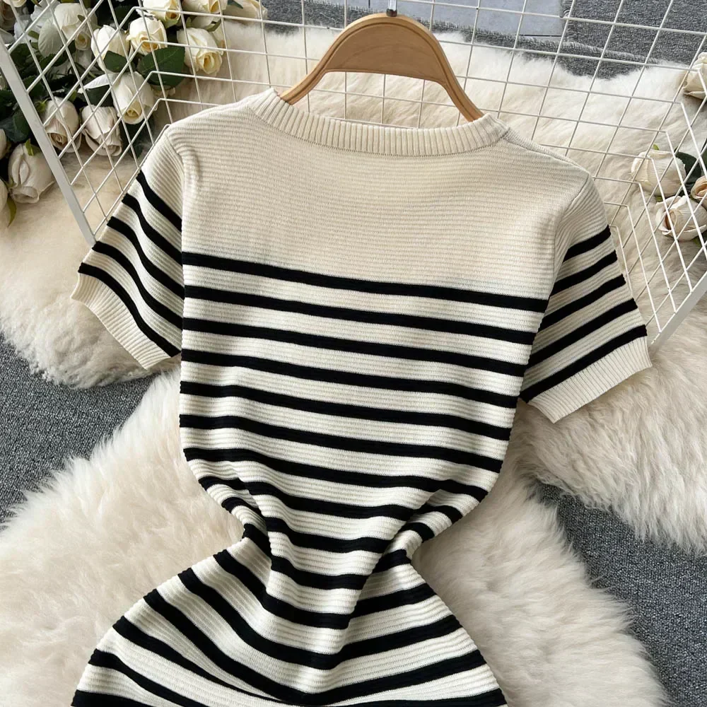 Women's Bodycon Dress - Knitted - Striped - Short Sleeves - Round Neck - Slim Fit - Image 2