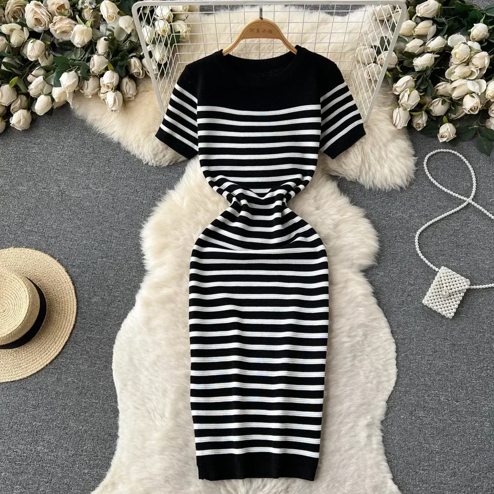 Women's Bodycon Dress - Knitted - Striped - Short Sleeves - Round Neck - Slim Fit - Image 4