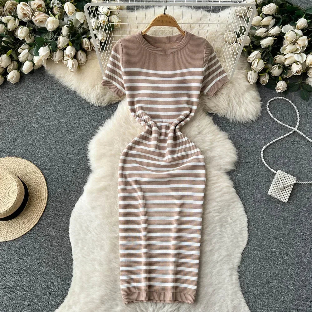 Women's Bodycon Dress - Knitted - Striped - Short Sleeves - Round Neck - Slim Fit - Image 5