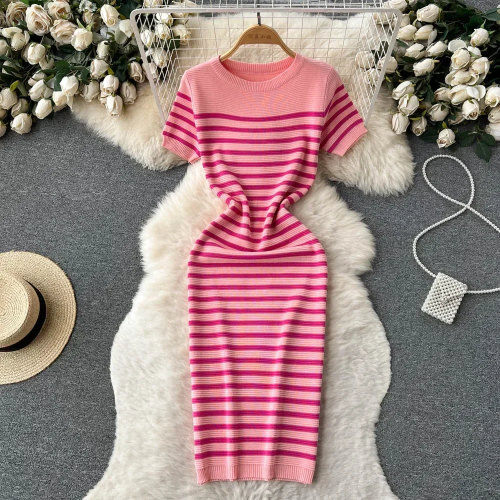 Women's Bodycon Dress - Knitted - Striped - Short Sleeves - Round Neck - Slim Fit - Image 6
