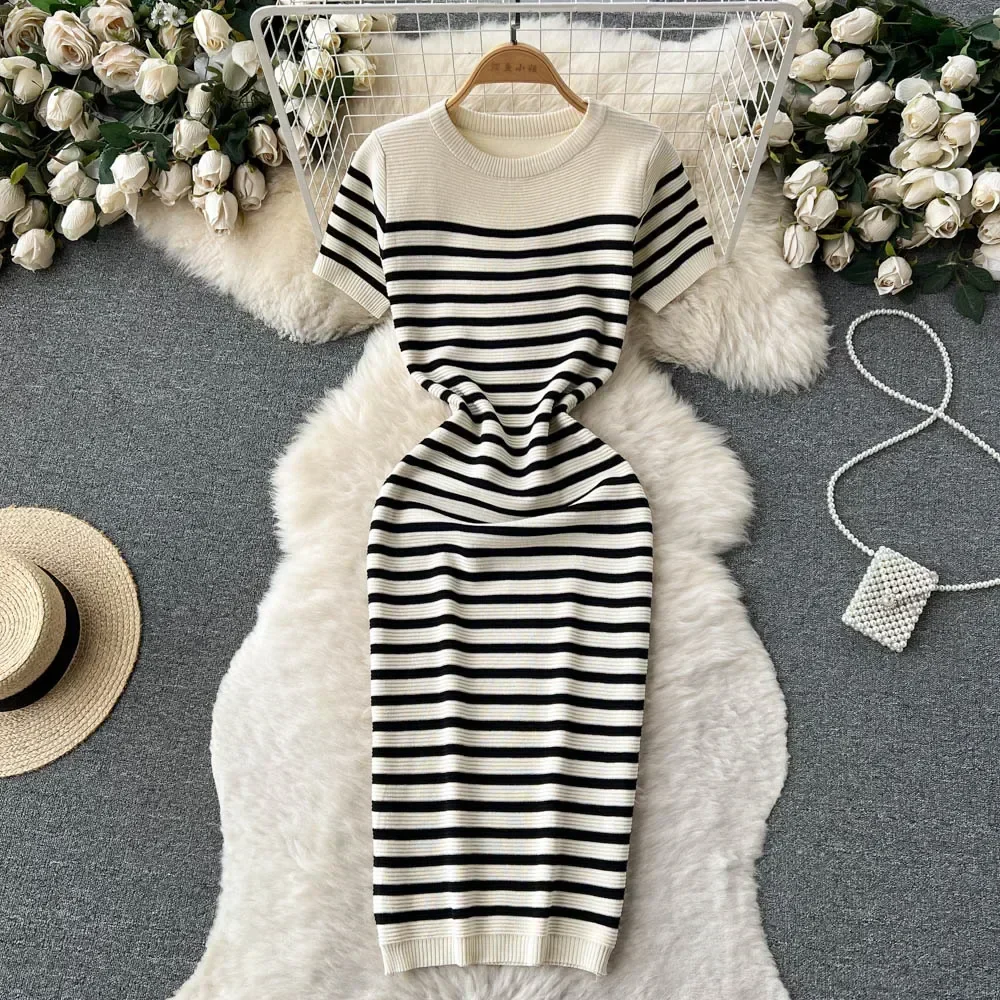 Women's Bodycon Dress - Knitted - Striped - Short Sleeves - Round Neck - Slim Fit - Image 7