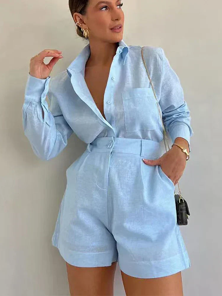 Ladies Two-Piece Set – Loose-Fitting Blouse With Long Sleeves – High Waist Shorts – Casual Fit - Image 7