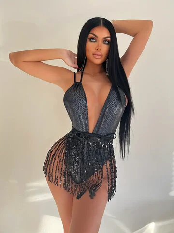 Women's Swimsuit – Deep V-Neck – Halter Neck – Sequins – High Cut – Fringe Details - Image 4