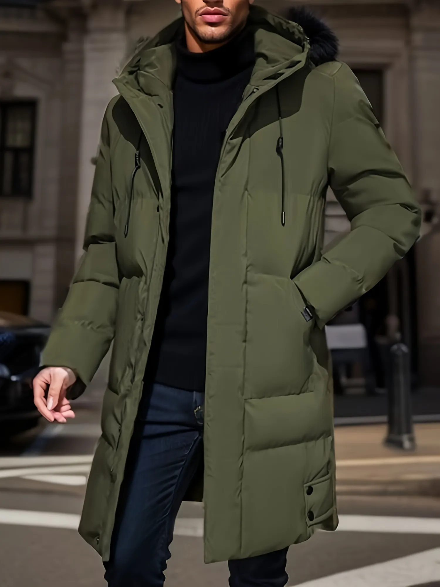Men's Long Puffer Jacket - Water-Repellent - Lined - With Hood - Comfort Fit - Image 2