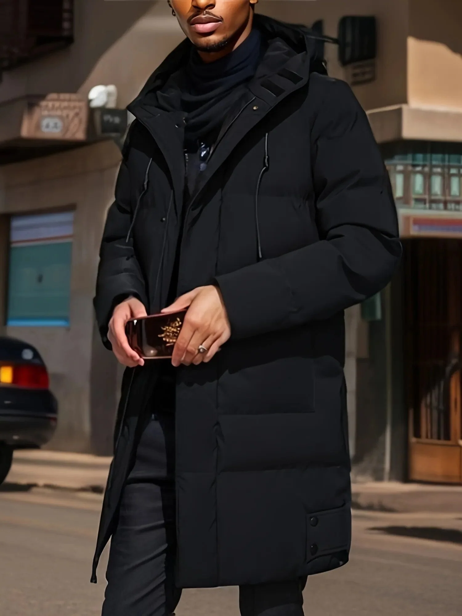 Men's Long Puffer Jacket - Water-Repellent - Lined - With Hood - Comfort Fit - Image 3