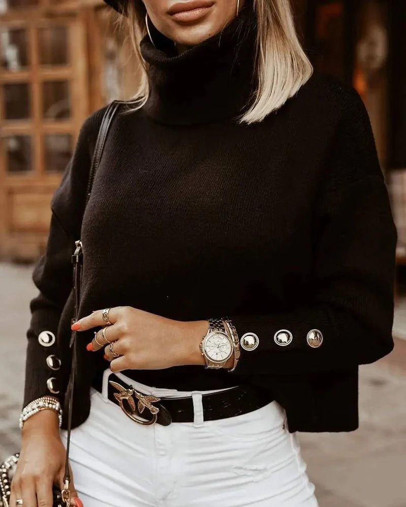 Ladies Turtleneck Sweater – Loose Fit – Knitted Fabric – Long Sleeve with Buttons - Image 3
