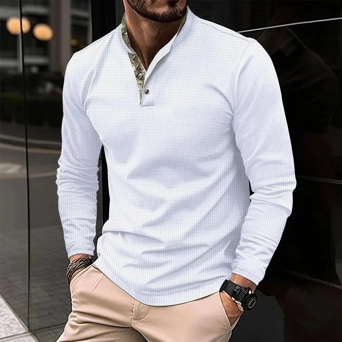 Men's Shirt – Subtly Checkered – Lightweight – Band Collar – Long Sleeve – Modern Fit - Image 3
