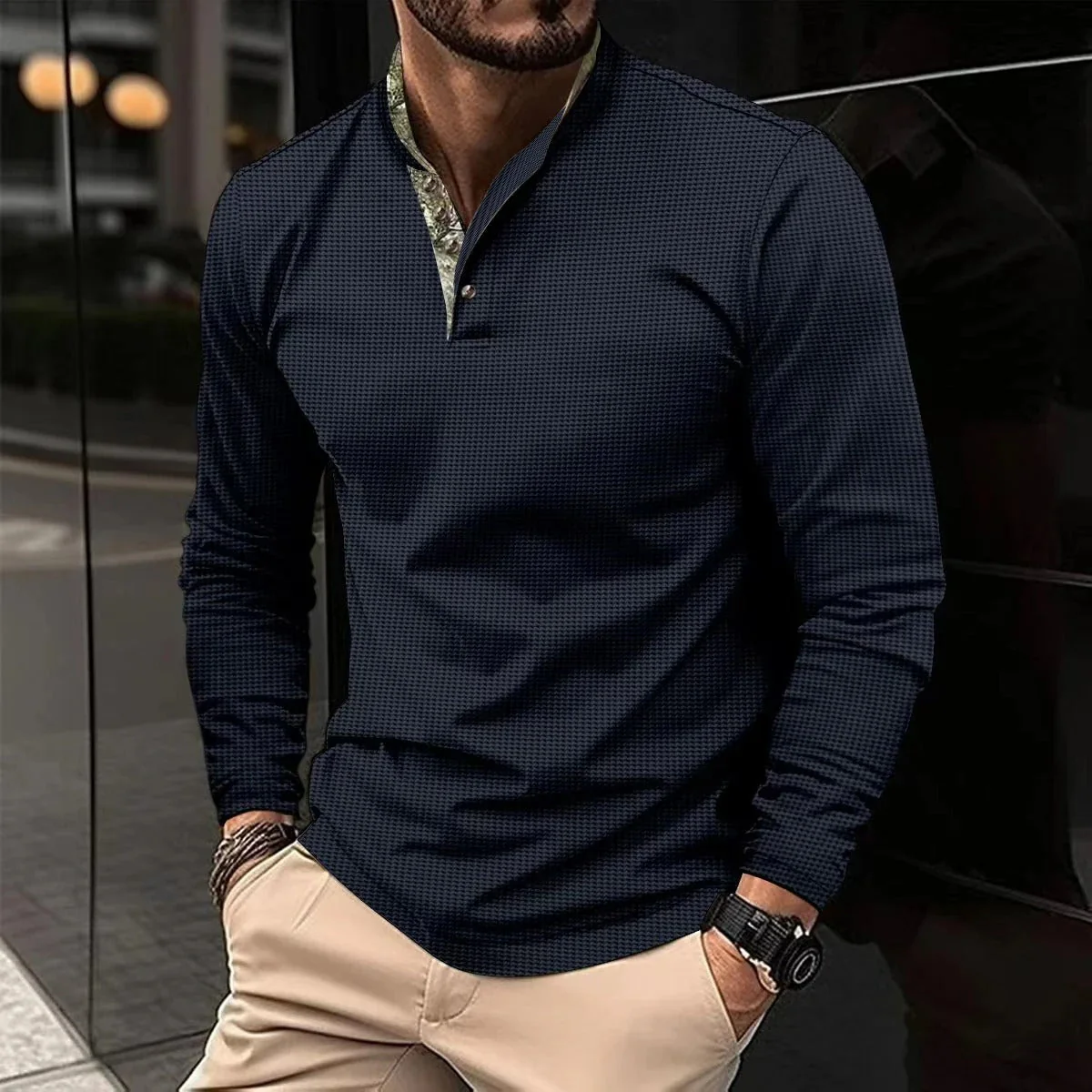 Men's Shirt – Subtly Checkered – Lightweight – Band Collar – Long Sleeve – Modern Fit - Image 4