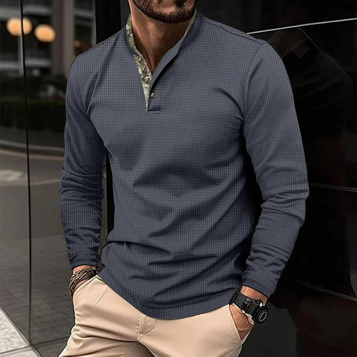 Men's Shirt – Subtly Checkered – Lightweight – Band Collar – Long Sleeve – Modern Fit - Image 5