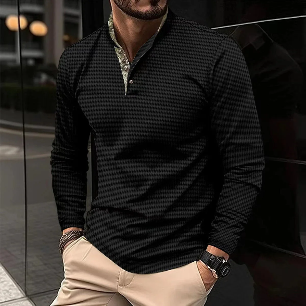 Men's Shirt – Subtly Checkered – Lightweight – Band Collar – Long Sleeve – Modern Fit - Image 6