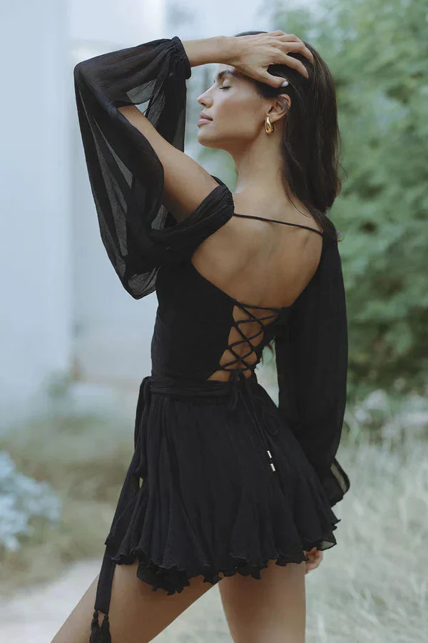 Ladies Dress - Short Ruffle Skirt - Off-Shoulder - Transparent Long Sleeves - Elegant Fit - Image 3