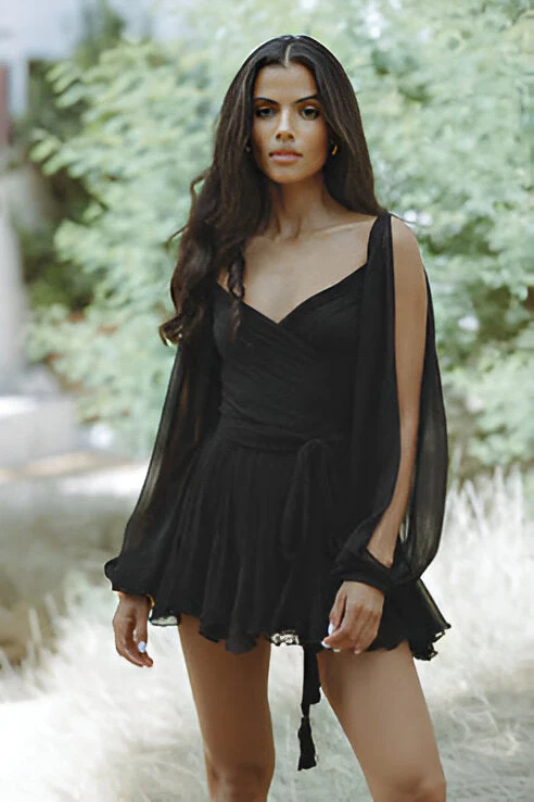Ladies Dress - Short Ruffle Skirt - Off-Shoulder - Transparent Long Sleeves - Elegant Fit - Image 4