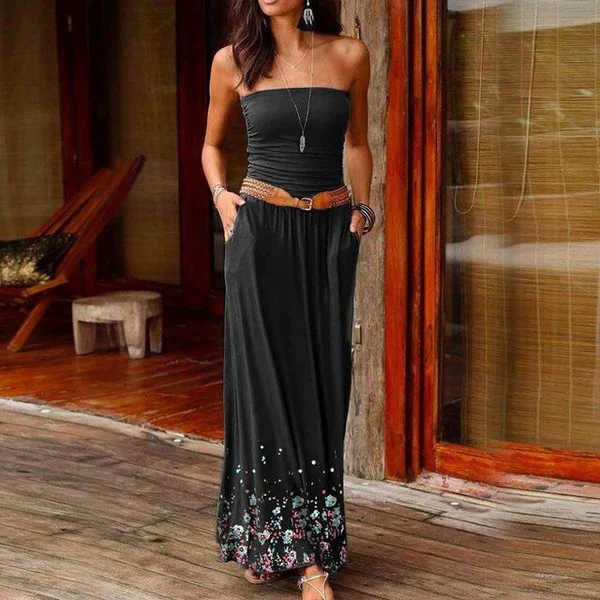Women's Maxi Dress – Strapless – Airy Fabrics – With Belt and Pockets - Image 5