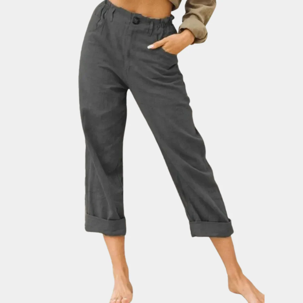 Women's Trousers - Linen Blend - Relaxed Fit - High Waist - Ankle Length - With Pockets - Image 2