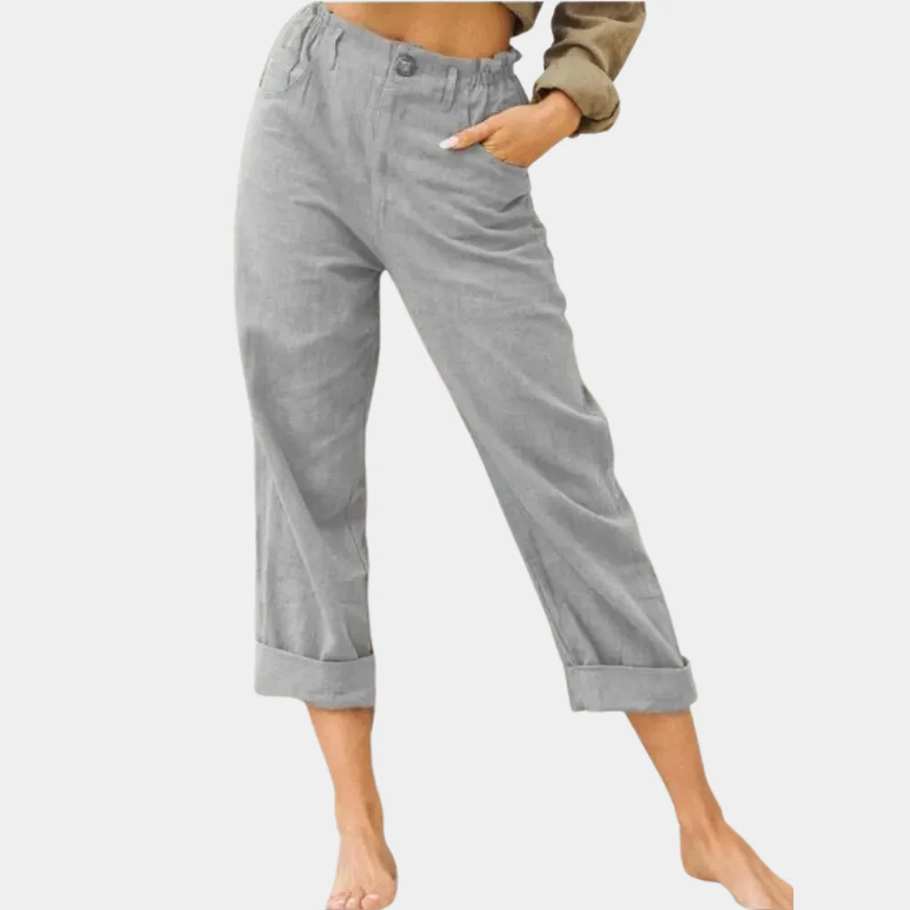 Women's Trousers - Linen Blend - Relaxed Fit - High Waist - Ankle Length - With Pockets - Image 3