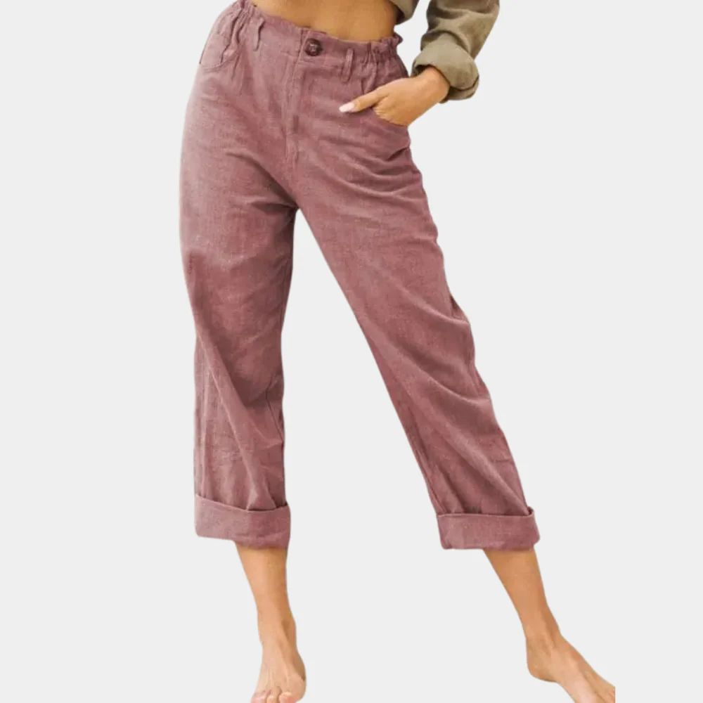 Women's Trousers - Linen Blend - Relaxed Fit - High Waist - Ankle Length - With Pockets - Image 4