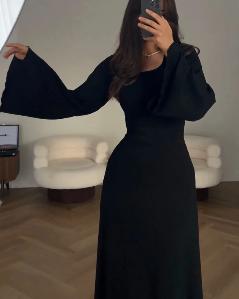 Women's Maxi Dress - Ribbed - Slim Fit - Long Sleeves - Round Neck - Image 11