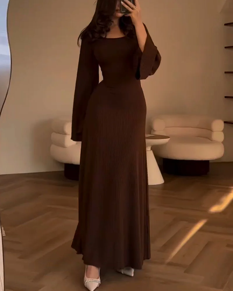 Women's Maxi Dress - Ribbed - Slim Fit - Long Sleeves - Round Neck - Image 12