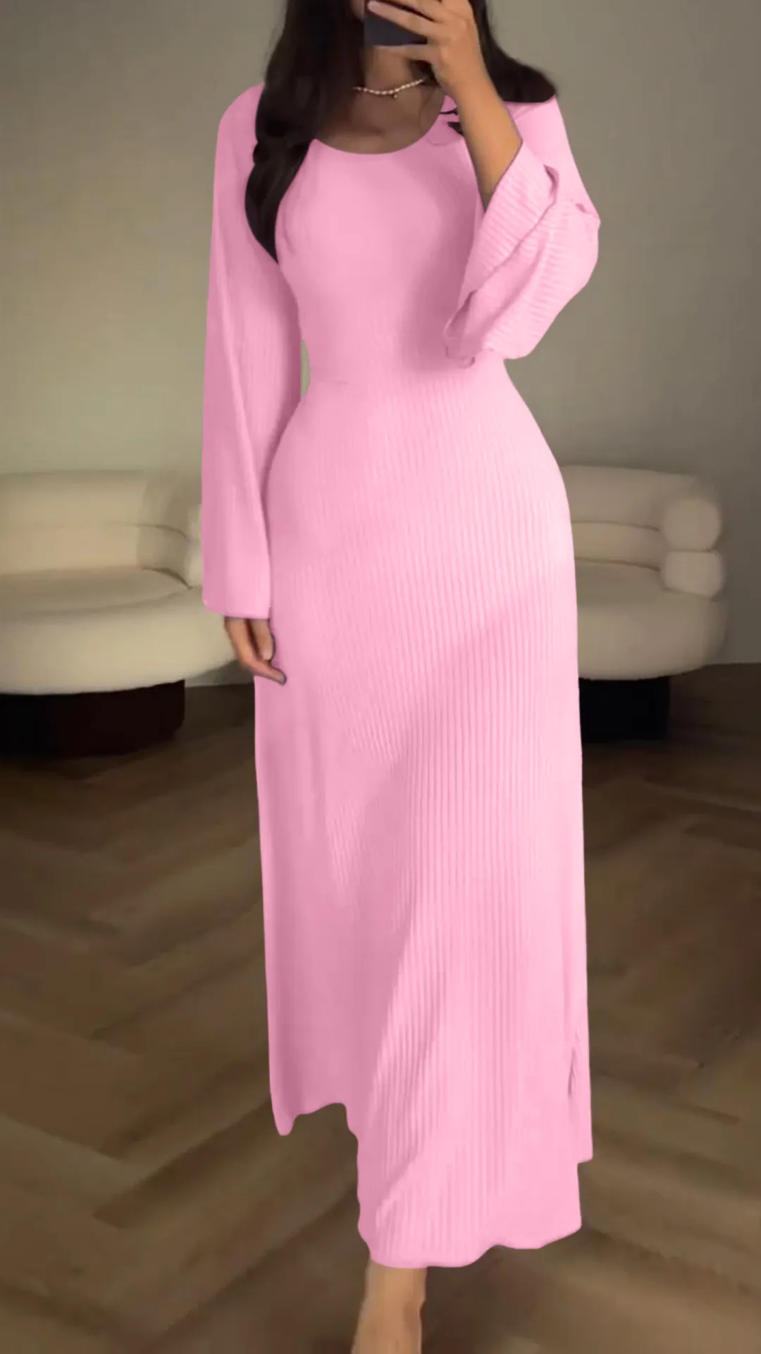 Women's Maxi Dress - Ribbed - Slim Fit - Long Sleeves - Round Neck - Image 13