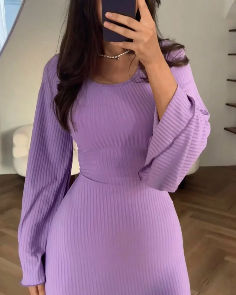 Women's Maxi Dress - Ribbed - Slim Fit - Long Sleeves - Round Neck - Image 2