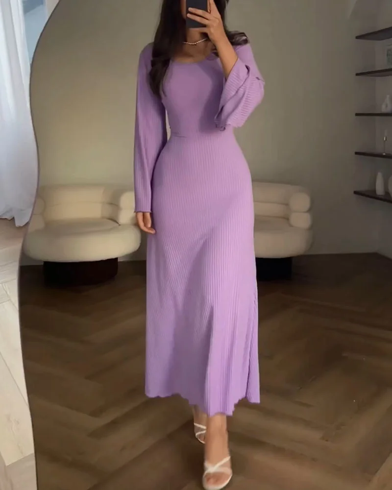 Women's Maxi Dress - Ribbed - Slim Fit - Long Sleeves - Round Neck - Image 8