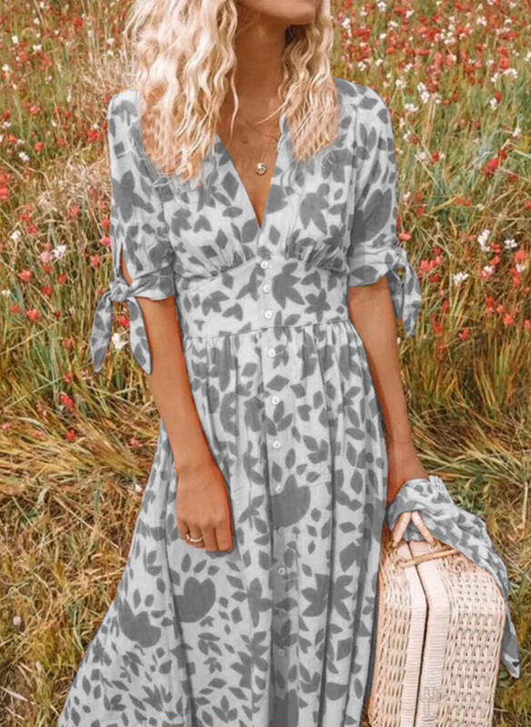 Women's Dress – V-Neck – Button Closure – Fitted Waist – Floral Print – Short Sleeves with Bows - Image 2