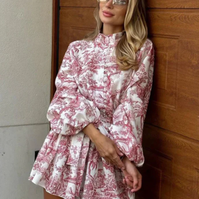 Women's Dress β High Neck β Puff Sleeves β Fitted Waist β A-line Skirt β Boho Style - Image 10