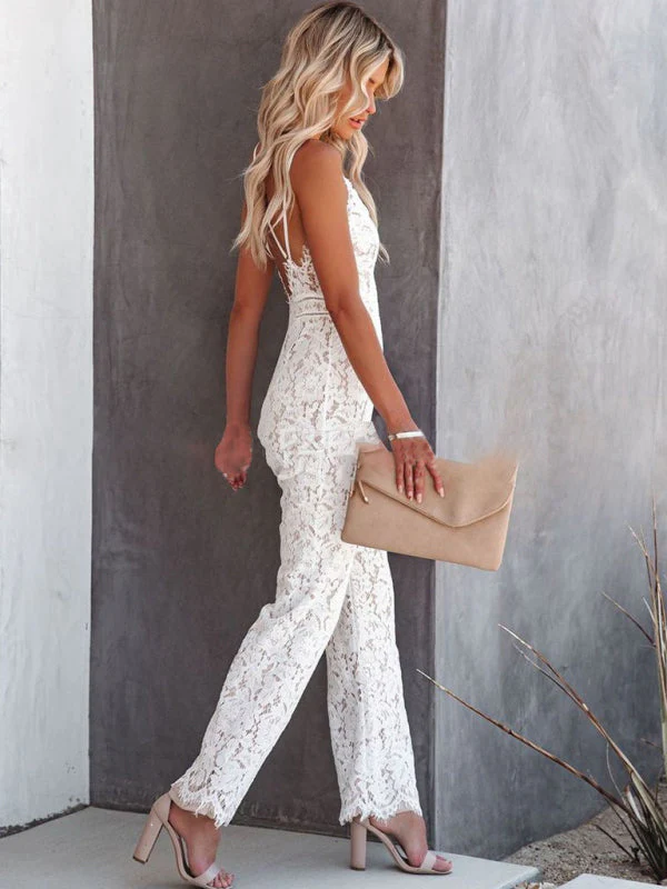 Women's Jumpsuit - Lace Fabric - V-Neck - Spaghetti Straps - Wide Legs - Elegant Model - Image 3