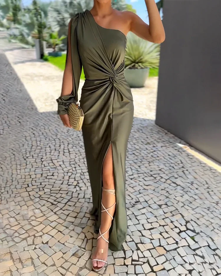 Women's Dress – One-Shoulder – Asymmetrical Design – Draping – With Slit – For Festive Occasions - Image 2