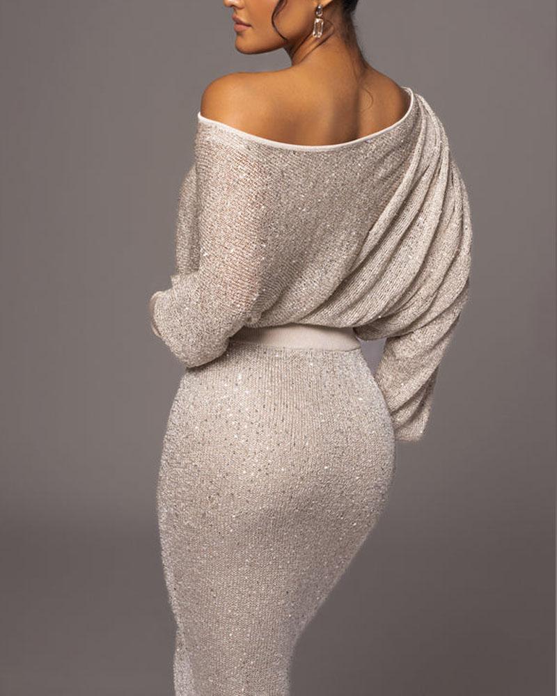 Women's Knitted Bodycon Dress - Asymmetrical Neckline - Batwing Sleeves - Tailored Fit - Image 4