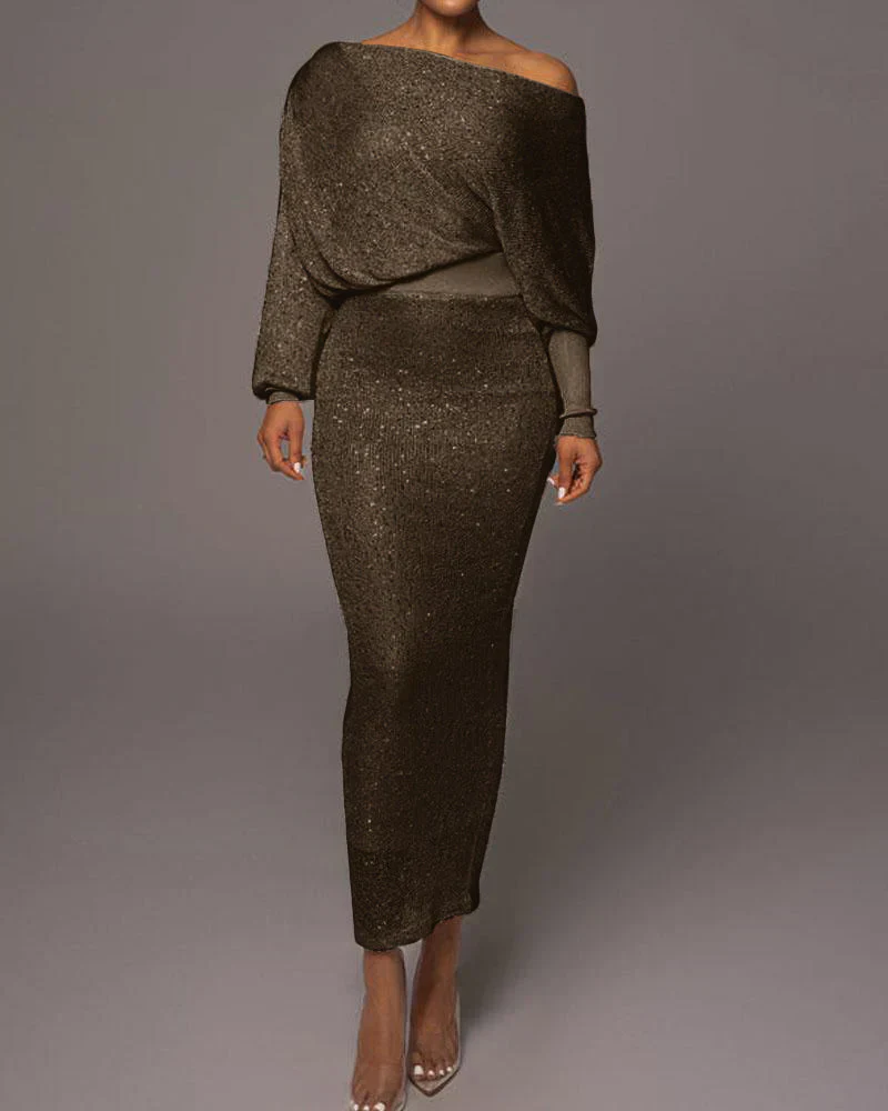 Women's Knitted Bodycon Dress - Asymmetrical Neckline - Batwing Sleeves - Tailored Fit - Image 5