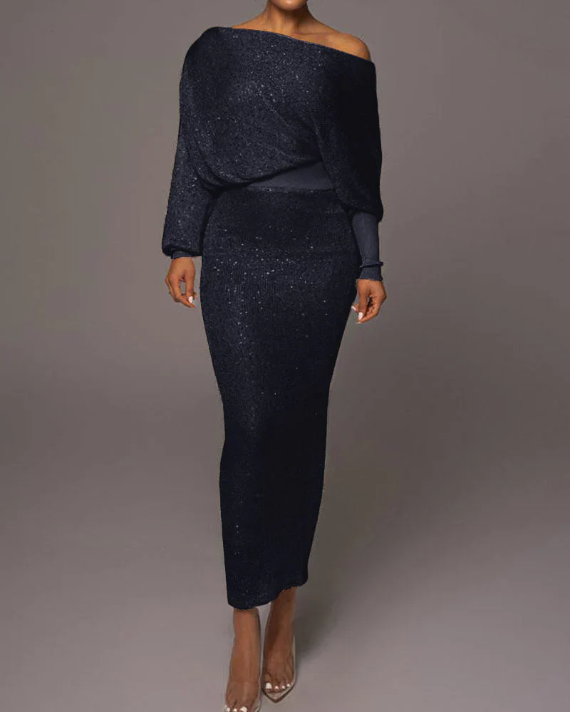 Women's Knitted Bodycon Dress - Asymmetrical Neckline - Batwing Sleeves - Tailored Fit - Image 7
