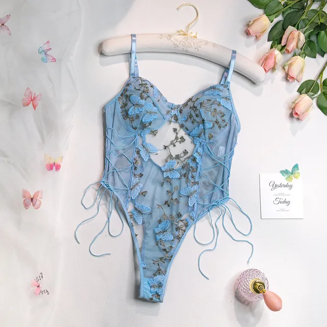 Women's Bodysuit - Lace Embroidery - High Cut - Lace-Up Details - Sheer Elegance - Image 10