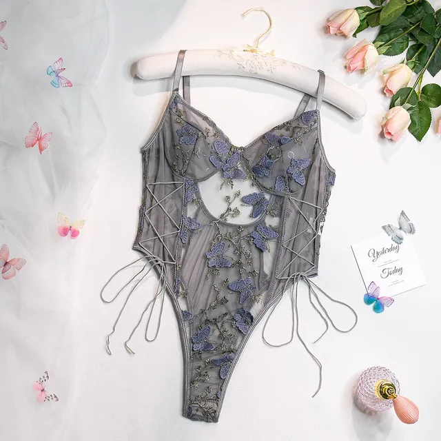 Women's Bodysuit - Lace Embroidery - High Cut - Lace-Up Details - Sheer Elegance - Image 11