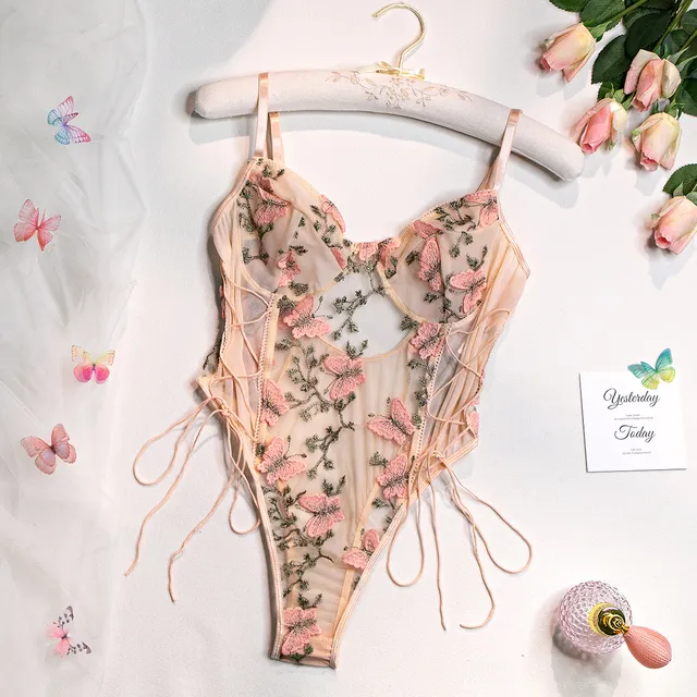 Women's Bodysuit - Lace Embroidery - High Cut - Lace-Up Details - Sheer Elegance - Image 12