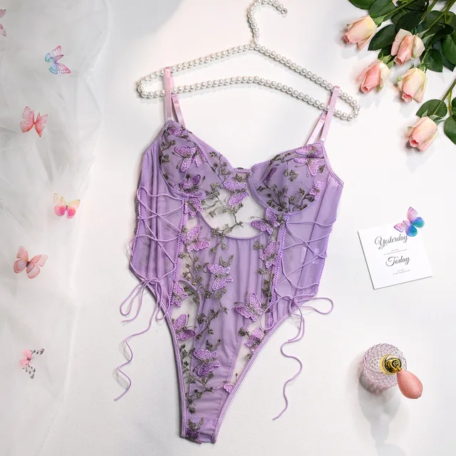 Women's Bodysuit - Lace Embroidery - High Cut - Lace-Up Details - Sheer Elegance - Image 9